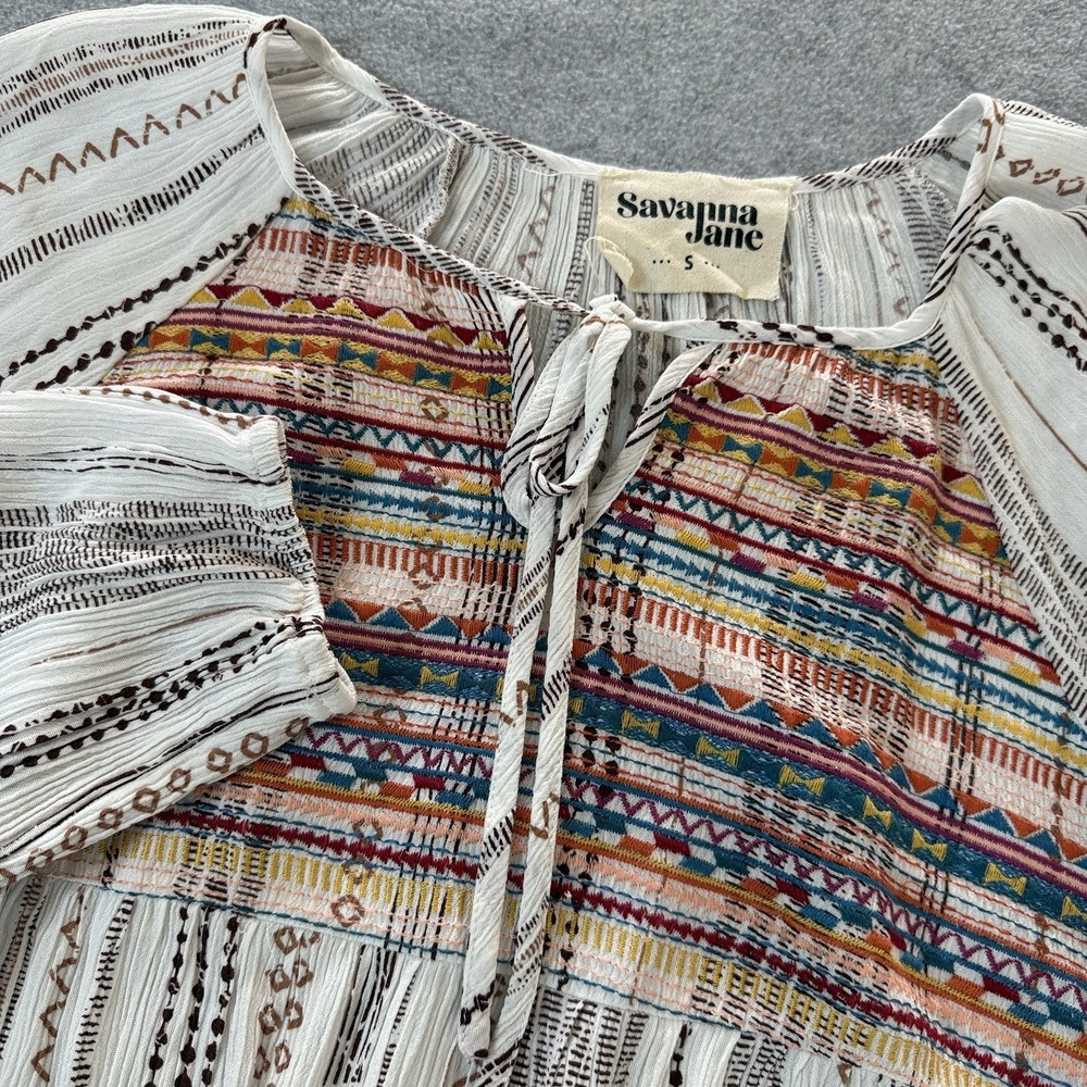 Savanna Jane Women's Boho Embroidered Peasant Blouse Small Ivory Rayon Tie Neck